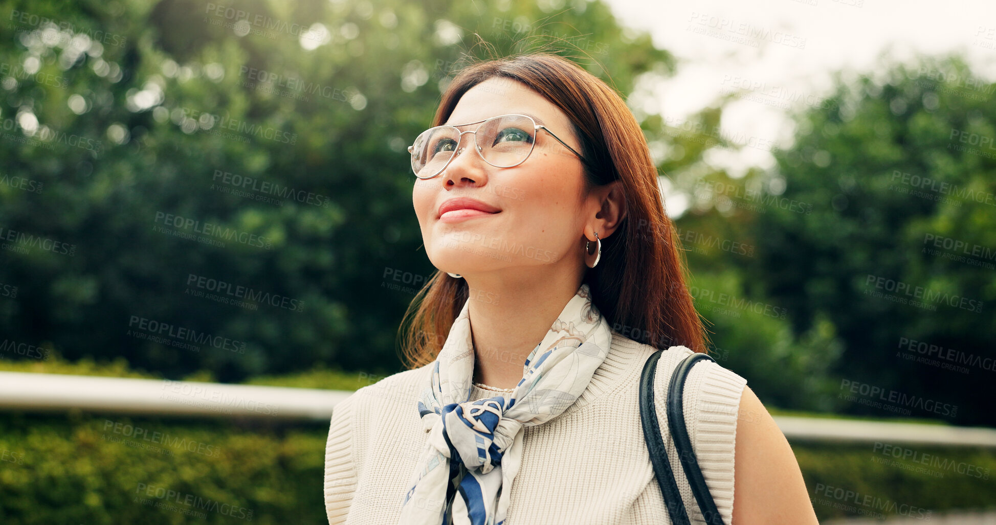 Buy stock photo Outdoor, travel and walking with woman, adventure and tourism with journey, holiday and calm. Japanese person, tourist and girl with weekend break, commute and vacation with nature or getaway trip