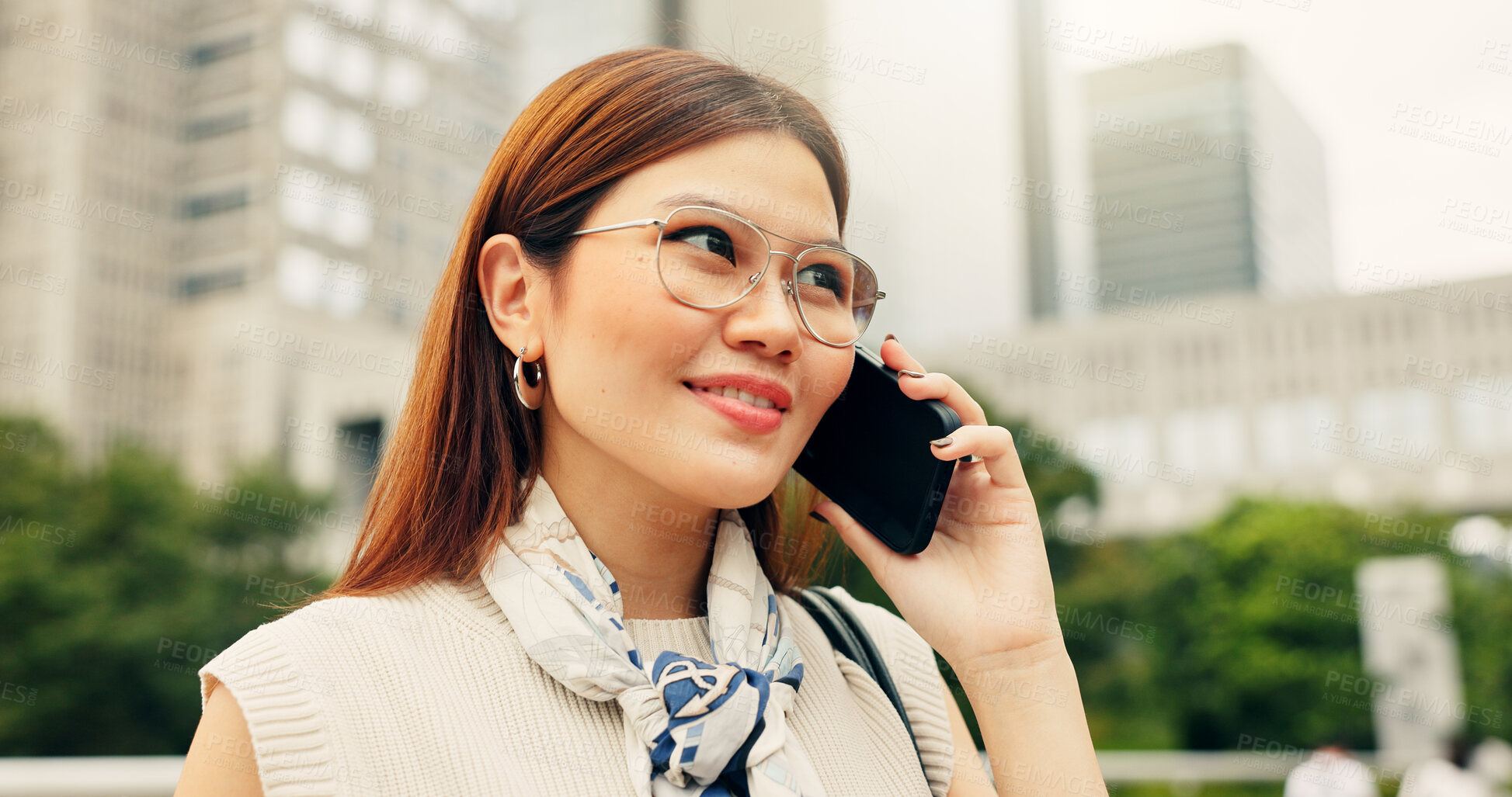 Buy stock photo Businesswoman, smile and phone call in city for travel, booking accommodation and trip update in Tokyo. Girl, glasses and technology in Japanese town for contact, communication or career opportunity