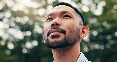 Buy stock photo Thinking, idea and business man in city for solution, planning and problem solving on commute. Corporate manager, professional travel and person for company opportunity, career and job outdoors