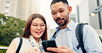 Couple, smartphone and travel in city with search for location, landmark or smile for click on mobile app in street. People, man and woman with phone, reading and excited on urban sidewalk in Japan