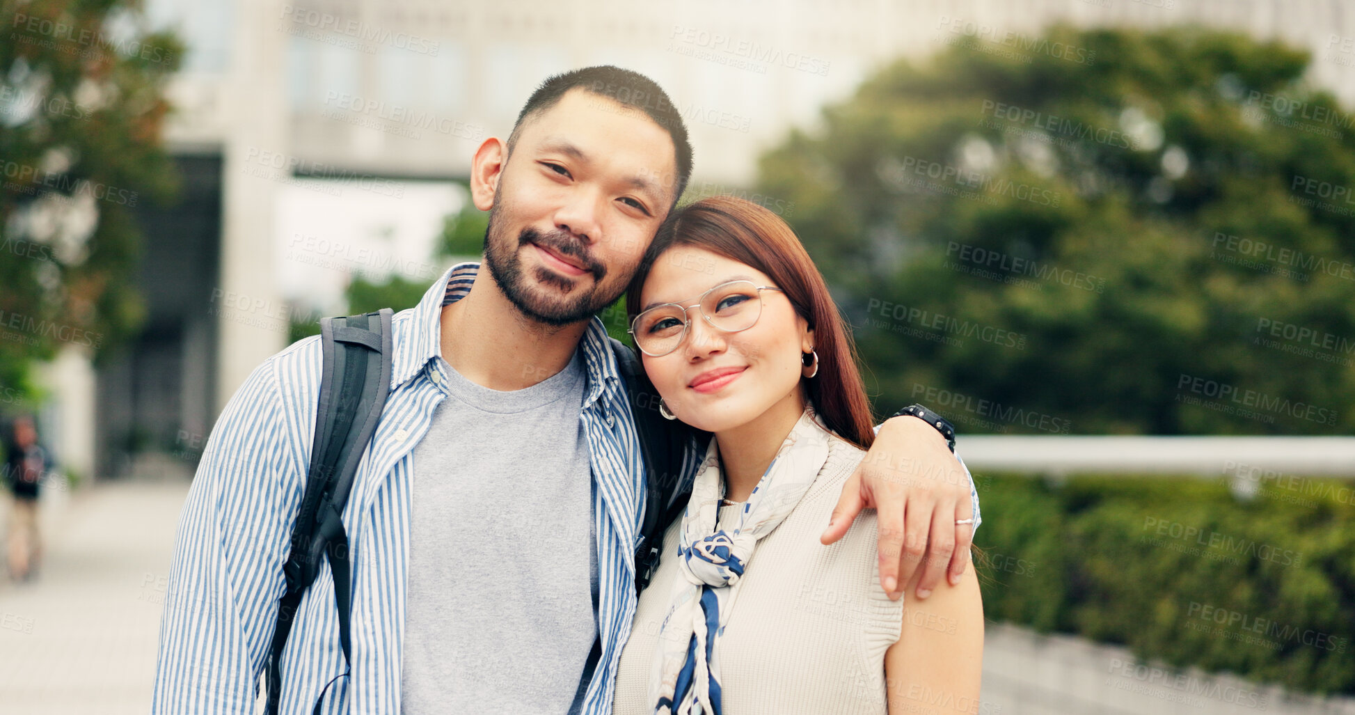 Buy stock photo Japan, outdoor and couple with love, portrait and bonding together with relationship. Romance, man and woman in park, embrace and marriage with nature, travel or commitment with weekend break