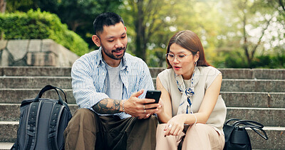 Buy stock photo Couple, phone and travel on stairs with search for location, landmark and booking for hotel on mobile app in city. People, man and woman with smartphone, reading and scroll on urban sidewalk in Japan