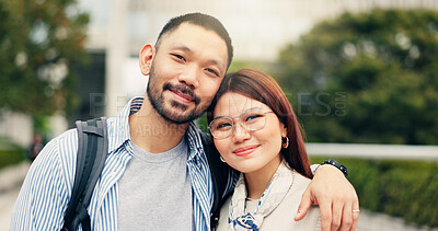 Buy stock photo Japan, portrait and couple in city, love and bonding together with relationship. Romance, man and woman in park, trust and marriage with nature, travel and commitment with weekend break and care