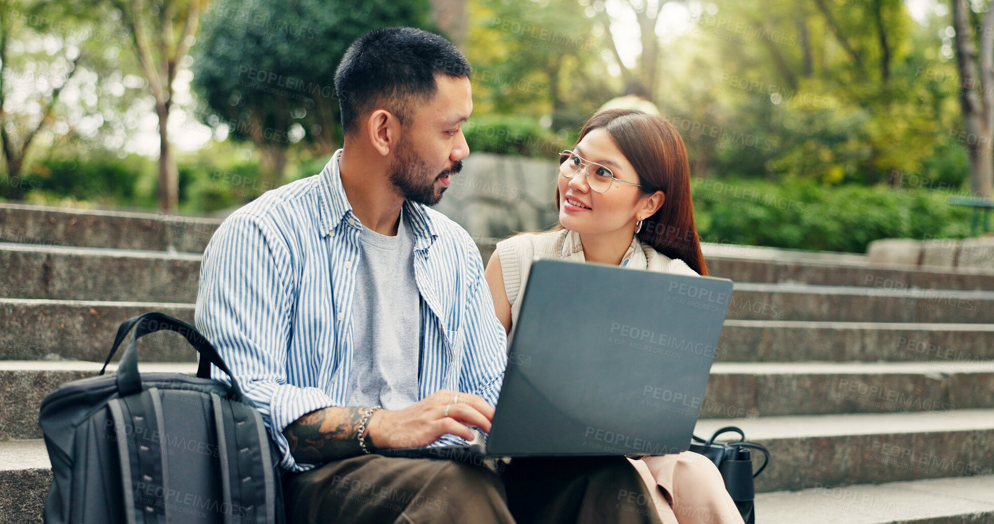 Buy stock photo City, man and woman on stairs with laptop, discussion and teamwork in outdoor meeting in Japan. Research, collaboration and business people on steps together for online planning, web search or advice