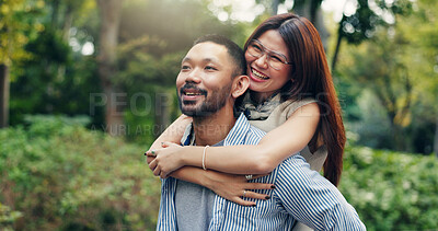 Buy stock photo Japan, outdoor and couple with piggy back, love and bonding together with relationship. Romance, care and man carrying woman with trust, smile and marriage with nature, travel and commitment