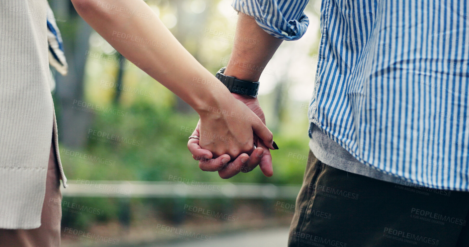 Buy stock photo Couple, back and outdoor with holding hands, walk and support for romantic getaway or connection. Woman, man and bonding as together for solidarity, love or weekend as tourist for travel in Indonesia