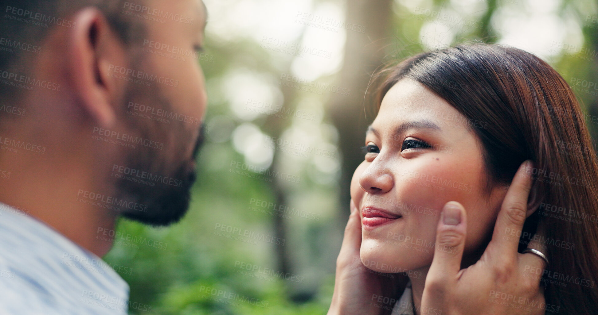 Buy stock photo Japan, outdoor and couple with love, care and bonding together with relationship. Romance, man and woman in park, trust and marriage with nature, travel and commitment with weekend break and joyful