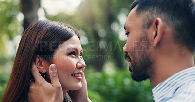 Buy stock photo Japan, outdoor and couple with love, relationship and bonding together with break. Romance, man and woman in park, trust and marriage with nature, travel and commitment with vacation and joyful