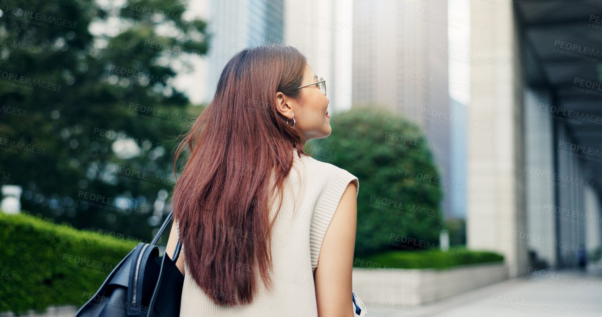 Buy stock photo Back, travel and walking with woman, adventure and tourism with journey, outdoor and calm. Japanese person, buildings and girl with break, commute and vacation with urban town and summer holiday 