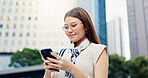 Japan, typing and woman in city, cellphone and smile with connection, travel and internet. Asian person, outdoor and girl in street, urban town or smartphone with social media or message to contact