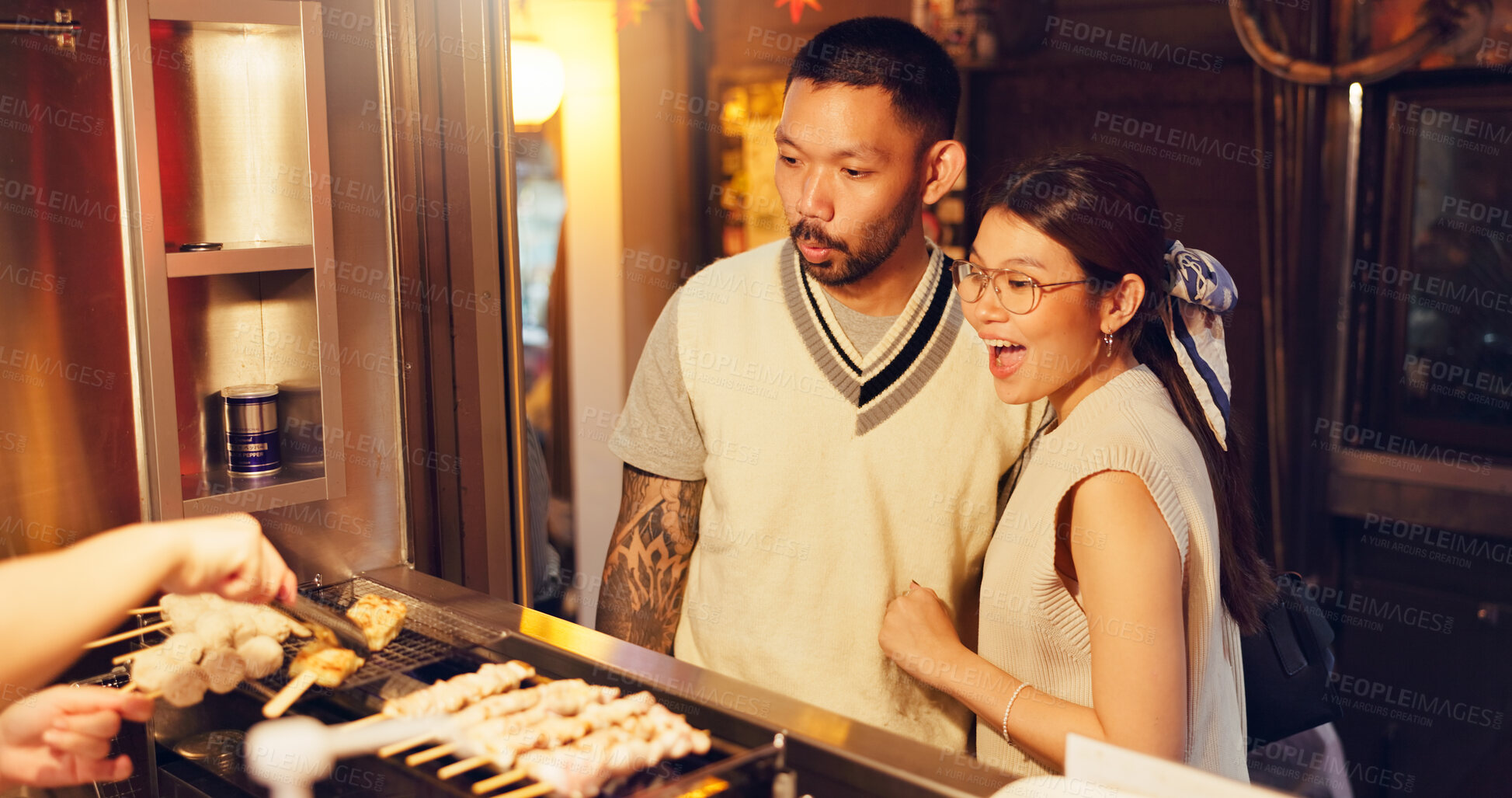 Buy stock photo Couple, outdoor and market for Asian food in street for romantic getaway, trip and anniversary. Happy woman, man and bonding together for holiday, vacation and love for tourism or date night in Japan