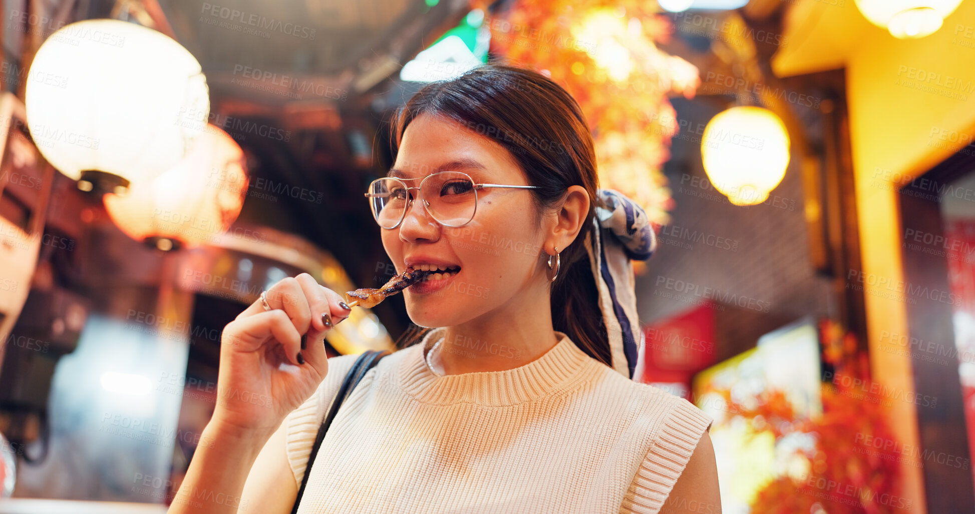 Buy stock photo Street food, night and portrait of Japanese woman at market for culture festive, nutrition or health. Travel, shopping and cuisine with person eating snack at Japan city vendor for hungry and holiday