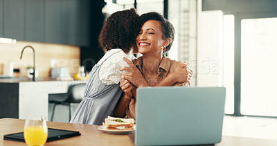 Buy stock photo Hug, breakfast and child with mom on laptop in kitchen with food for nutrition, eating and wellness. Family, remote worker and mother with girl embrace for bonding, love and care with computer