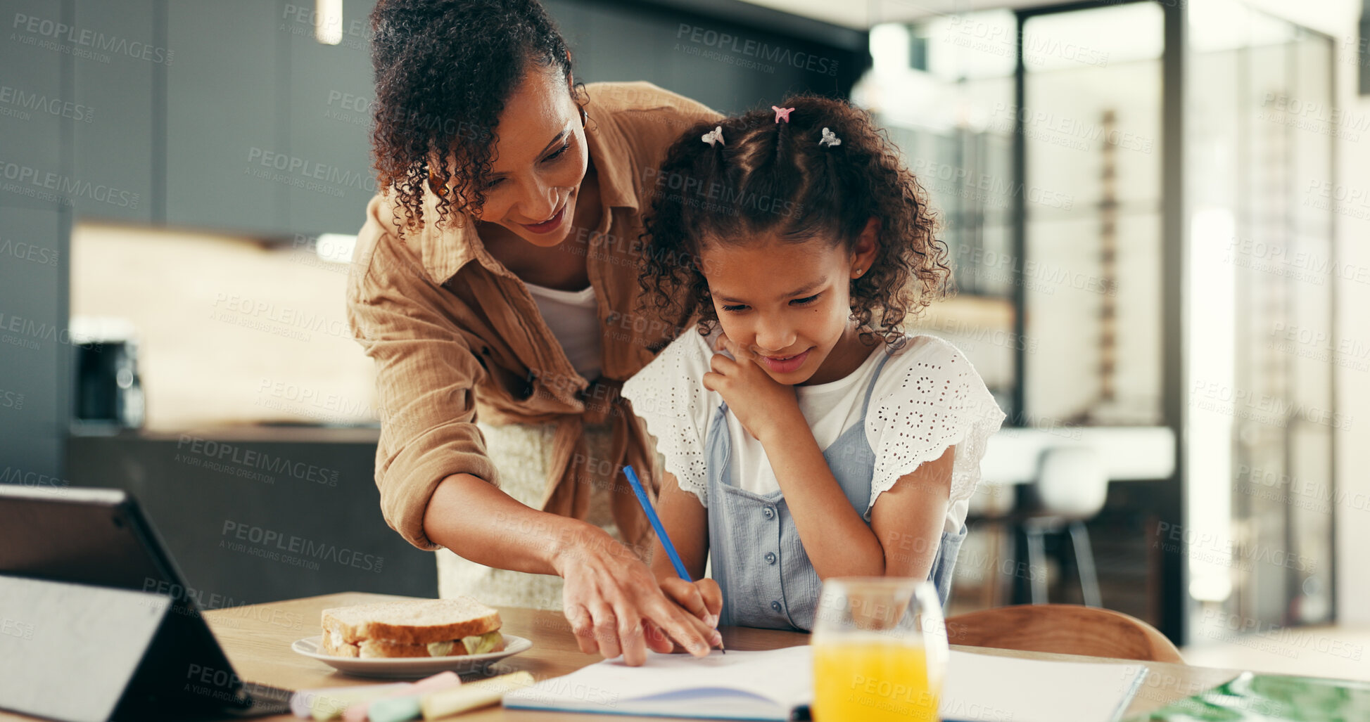 Buy stock photo Home, mother and helping kid with homework for learning support, child development and growth in education. Lunch, woman and girl with books at dining table for language study, project or school task