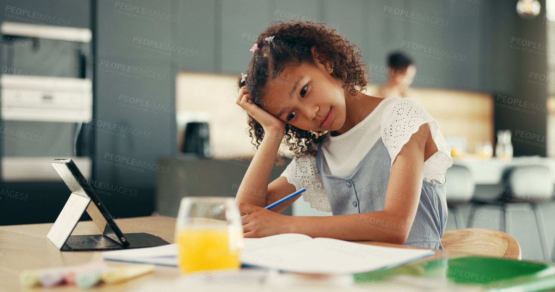 Buy stock photo Girl, tablet and bored with education in home for e learning, notes and study for online course. Child, notebook and touchscreen with adhd, tired and thinking with school project in family house