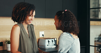 Buy stock photo Laughing, happy kid or mom talking to girl for love, connection or bonding together in morning. Child, funny mother and daughter with smile in house, kitchen or family home for joke, care or support