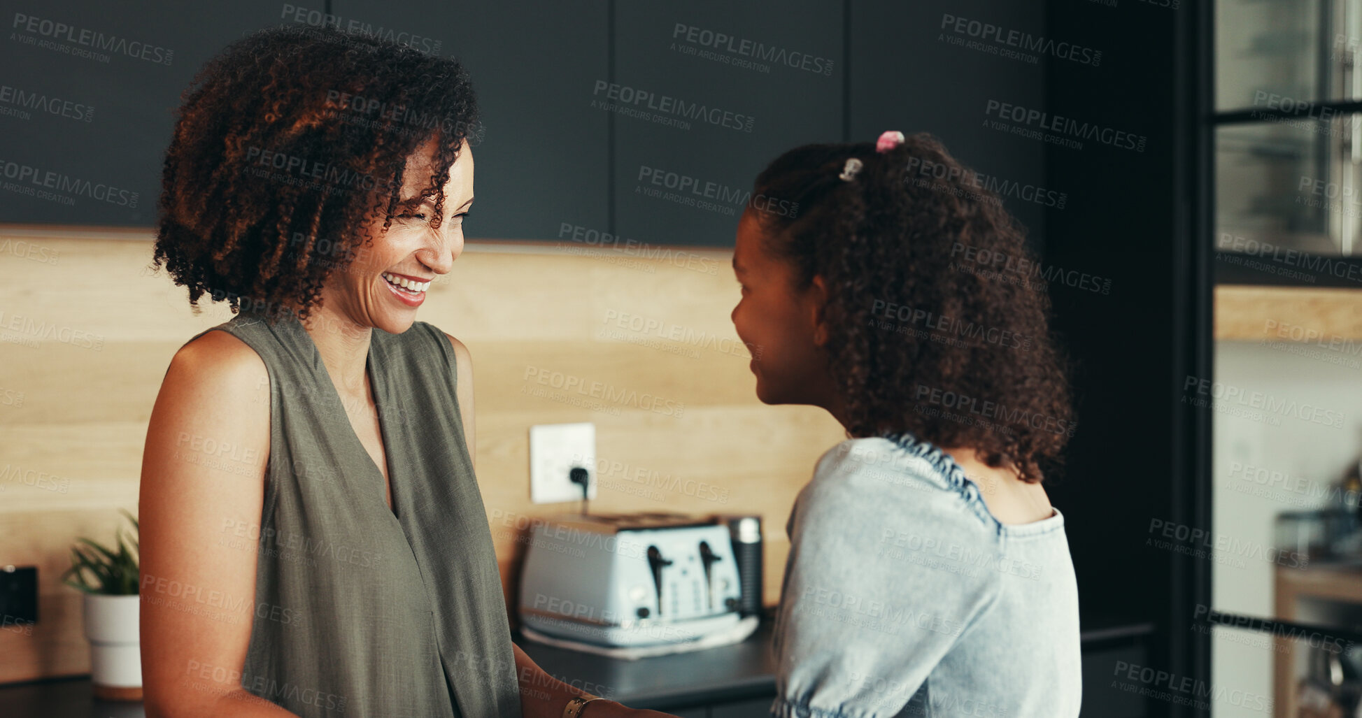 Buy stock photo Laughing, happy kid or mom talking to girl for love, connection or bonding together in morning. Child, funny mother and daughter with smile in house, kitchen or family home for joke, care or support