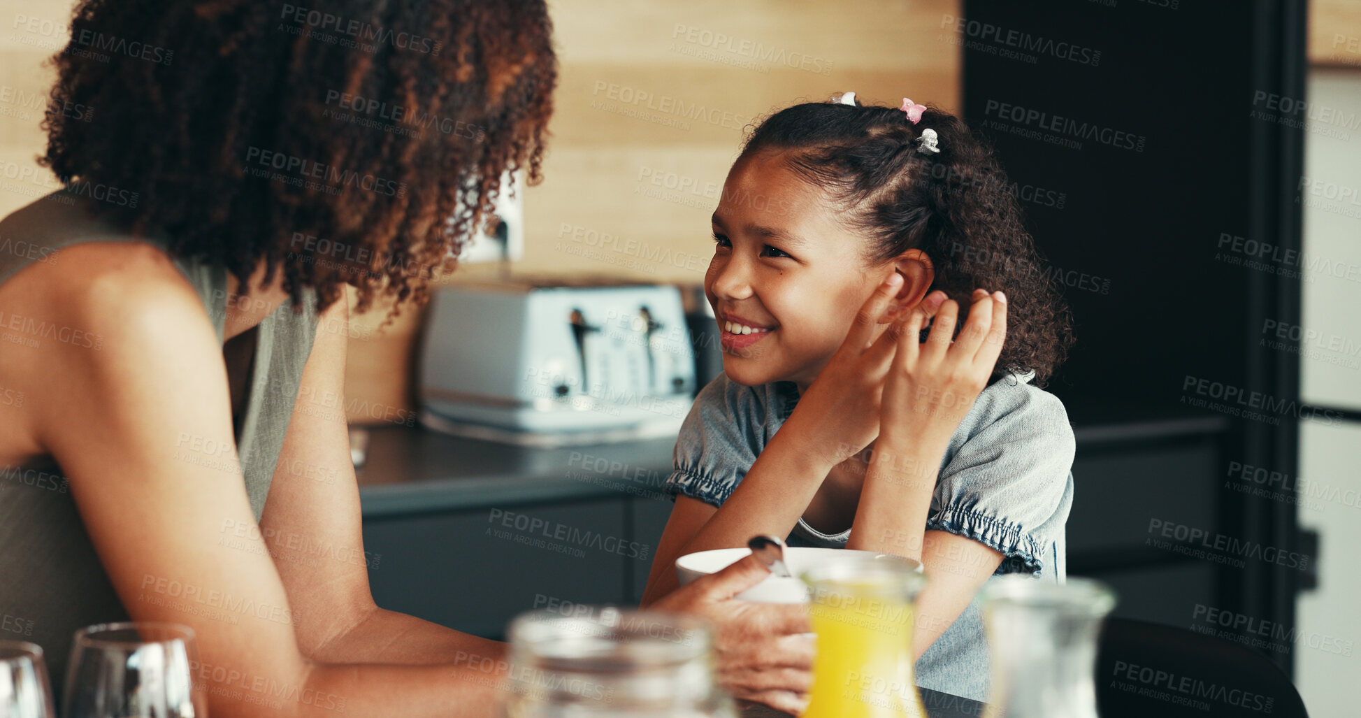 Buy stock photo Breakfast, happy kid or mom talking to girl for love, development or bonding together in morning. Child, mother or daughter eating cereal with smile in family house kitchen for food, meal or support