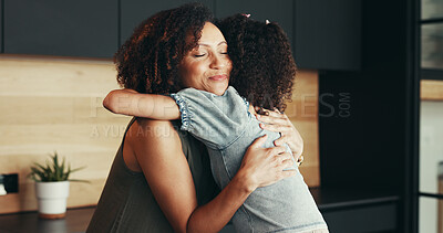 Buy stock photo Comfort, hug and mom with girl for love, connection or bonding together with trust or support. Child, mother and daughter with peace in kitchen, house or family home for affection, care or embrace