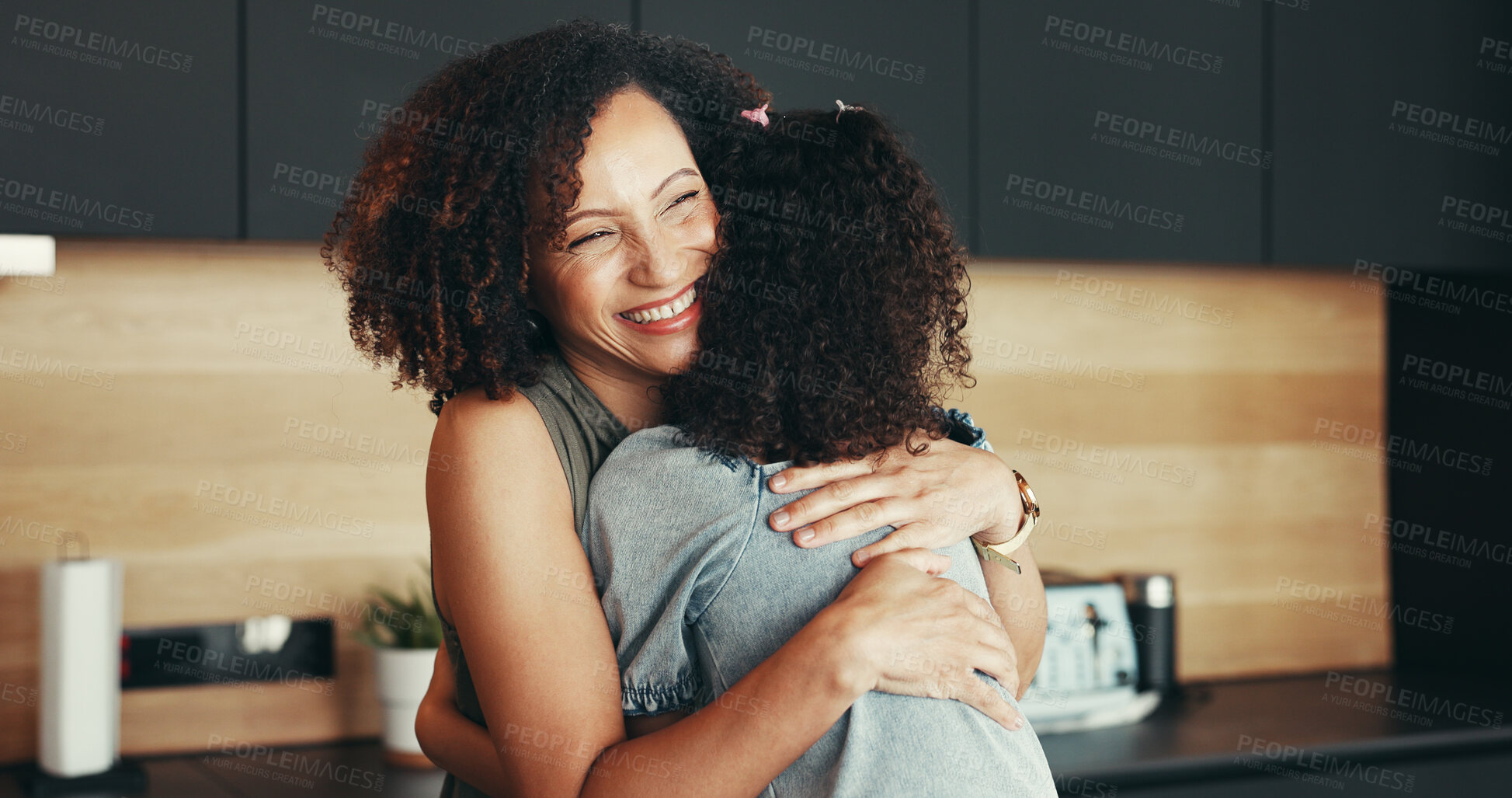 Buy stock photo Kitchen, hug and mom with girl child for love, connection or bonding together for comfort, trust or support. House, proud mother and daughter with smile in family home for affection, care or embrace