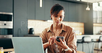 Buy stock photo Phone, laptop and freelancer with woman at home for contact, client feedback and entrepreneur. Remote work, communication and small business with person and mobile for networking, project and report