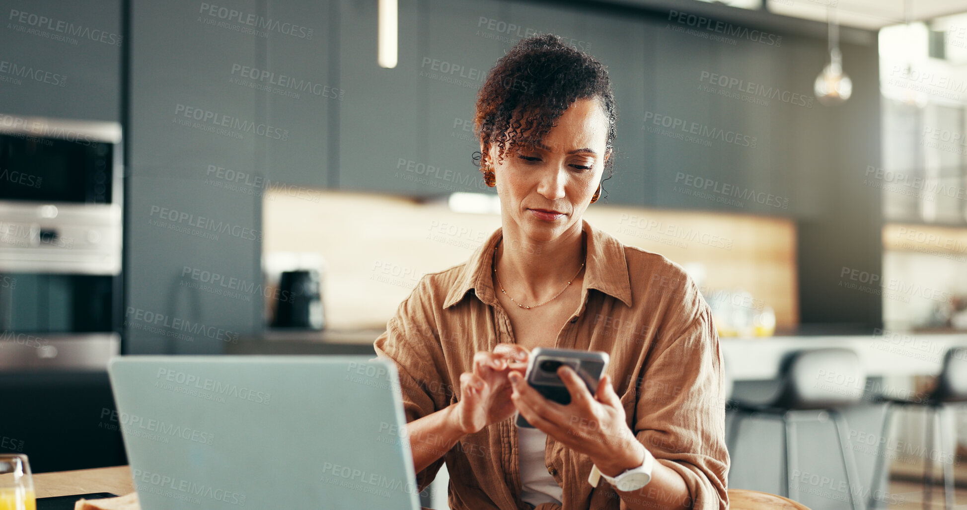 Buy stock photo Phone, laptop and freelancer with woman at home for contact, client feedback and entrepreneur. Remote work, communication and small business with person and mobile for networking, project and report