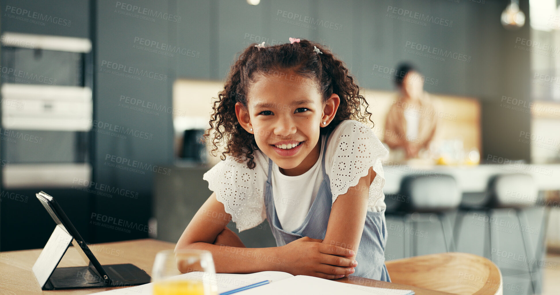 Buy stock photo Education, child and portrait in home with tablet, notebook or happy with connectivity for learning. Homework, young girl or relax with tech for academics, research assessment or development in study