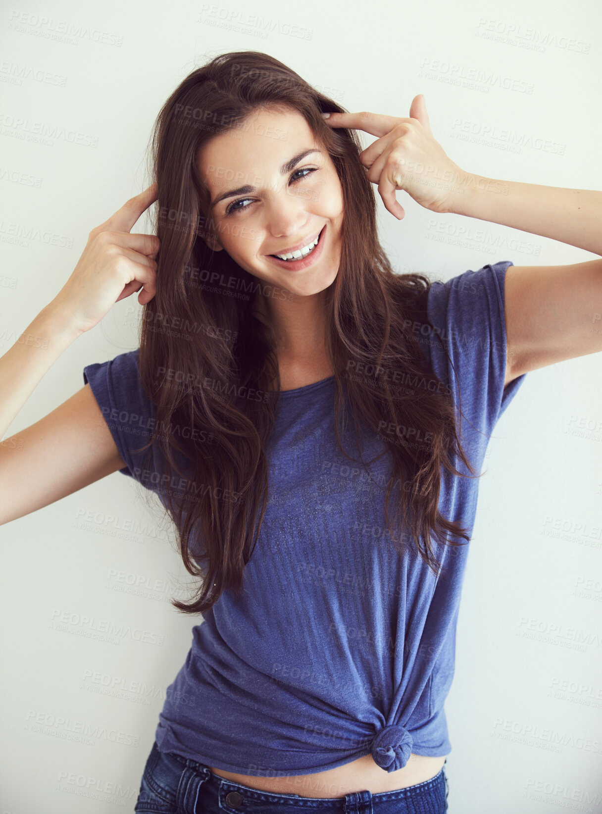 Buy stock photo Happy, thinking and woman with ideas, solution and fashion with style on a white studio background. Smile, person and logic with casual outfit, emoji and pointing to her head with opportunity and why