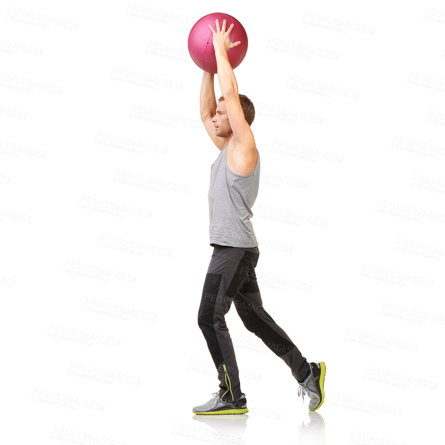 Buy stock photo Man in studio with stretching, gym ball and mockup for exercise, body wellness and commitment. Workout, muscle training and athlete with sphere for balance, fitness or performance on white background