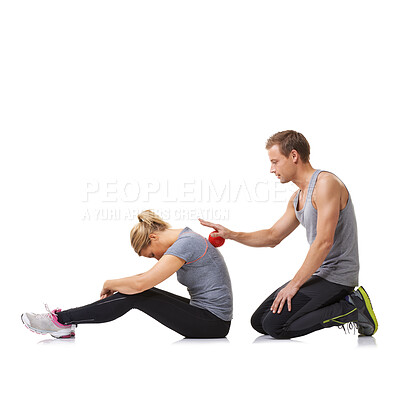 Buy stock photo Massage ball, sport physiotherapy and studio with a woman with fitness and workout back injury. Physical therapy, man and wellness with physio health and helping with white background and support