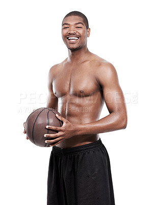 Buy stock photo Fitness, smile and portrait of black man with basketball, six pack and shirtless body muscle workout. Sports wellness, health and happy professional athlete with ball isolated on white background.