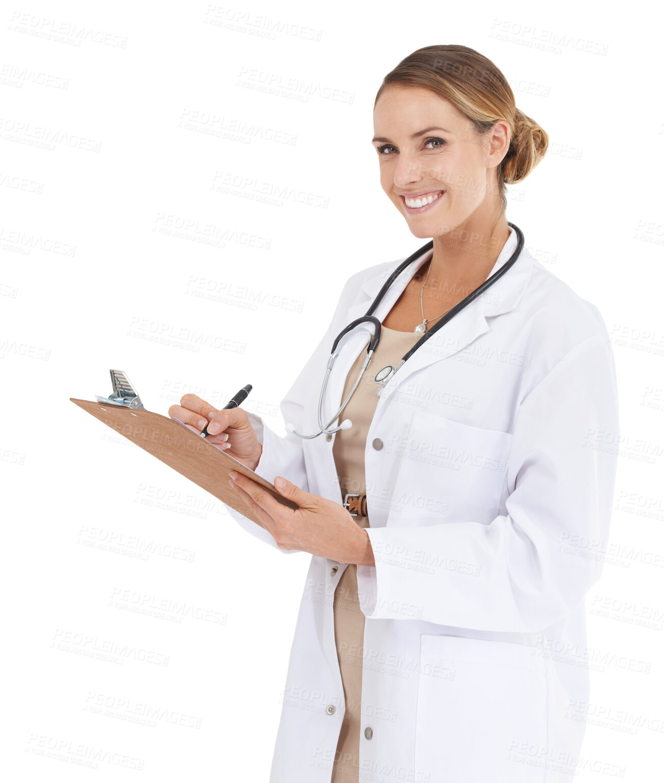 Buy stock photo Woman, doctor and portrait with checklist in studio for medical research, assessment or writing of clinic results. Happy healthcare worker with notes, clipboard and services on a white background