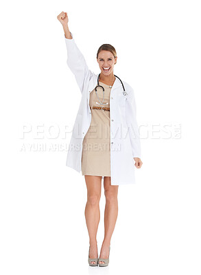 Buy stock photo Woman, doctor and celebration in portrait for healthcare in studio, wellness and insurance. Medical professional, happiness and medicare achievement or success, face and smile by white background