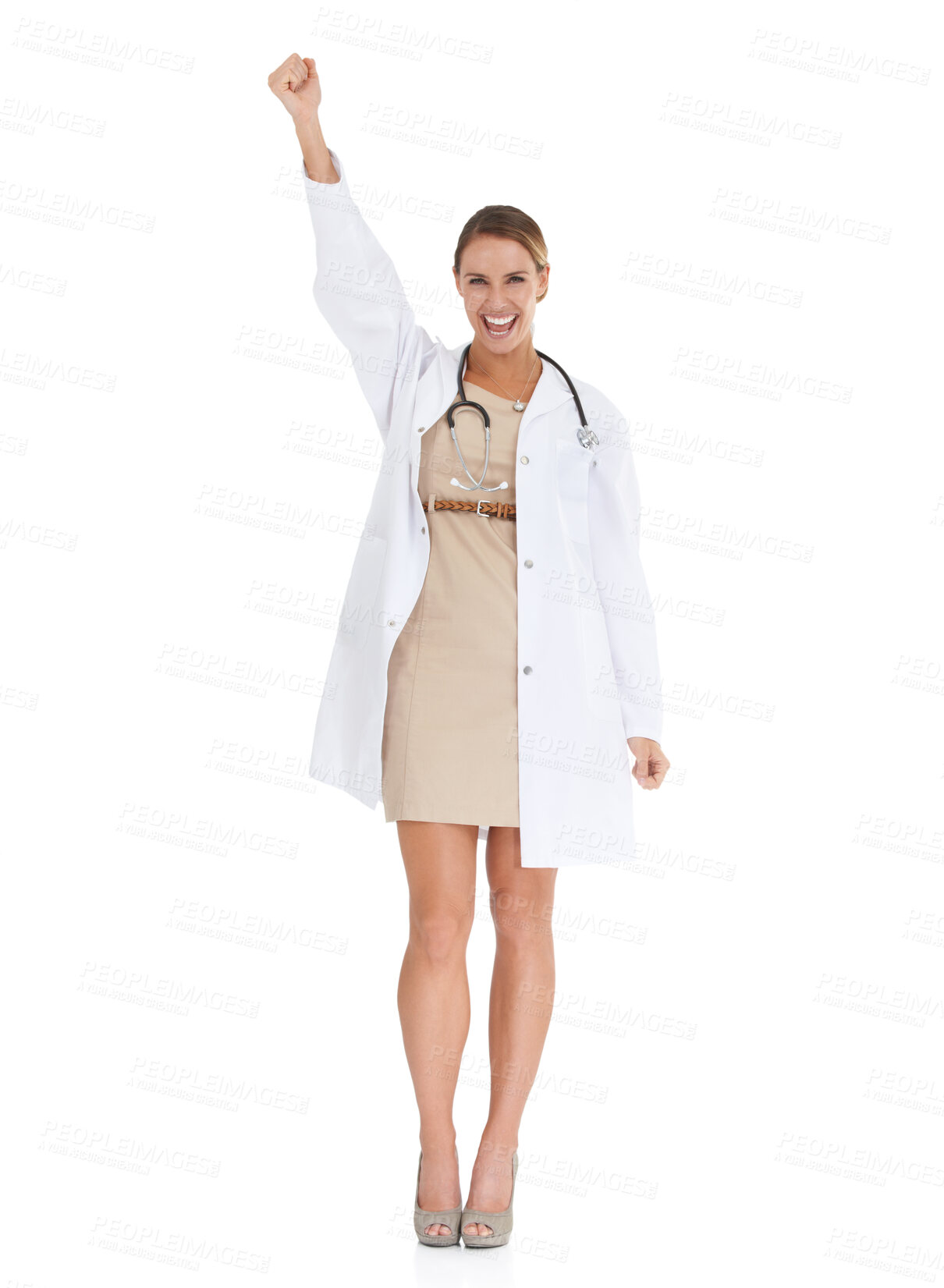 Buy stock photo Woman, doctor and celebration in portrait for healthcare in studio, wellness and insurance. Medical professional, happiness and medicare achievement or success, face and smile by white background