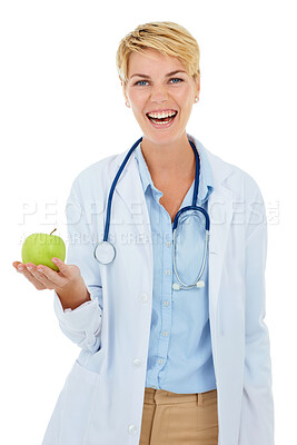 Buy stock photo Doctor, woman in portrait and apple for health and diet with nutritionist in studio, smile and wellness on white background. Healthy food, medical professional with fruit for nutrition or weightloss