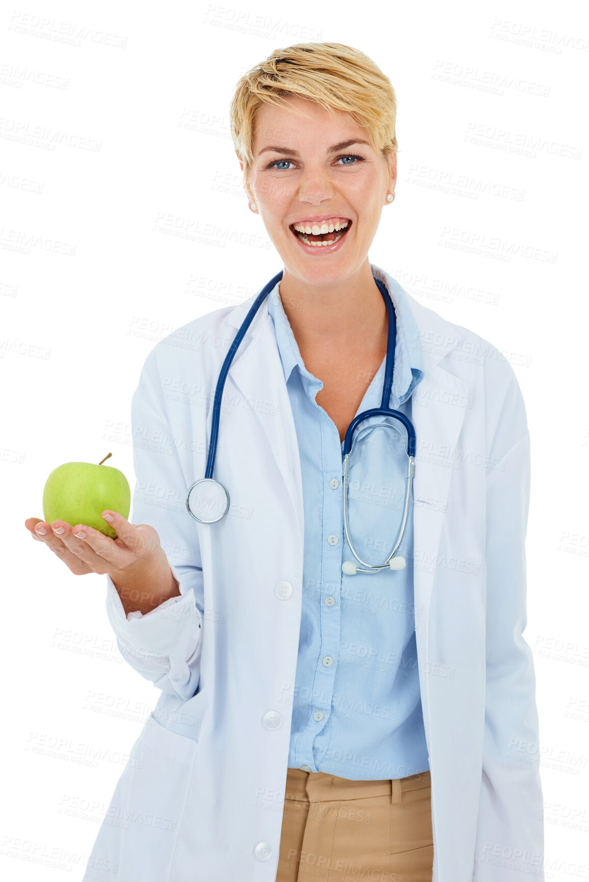 Buy stock photo Doctor, woman in portrait and apple for health and diet with nutritionist in studio, smile and wellness on white background. Healthy food, medical professional with fruit for nutrition or weightloss