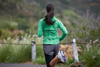 Buy stock photo Back, road and running with woman, fitness and morning with fresh air and exercise for health, wellness and cardio. Person, runner or athlete with workout or training with nature, energy or challenge