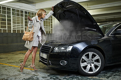 Buy stock photo Woman, car and smoke or engine breakdown in parking garage or blow gasket as mechanical failure, accident or stuck. Female person, fashion and transportation damage or auto repair, bonnet or cylinder