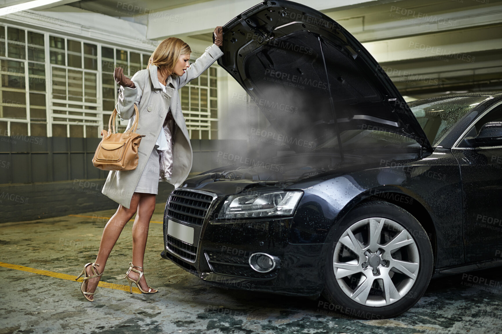 Buy stock photo Woman, car and smoke or engine breakdown in parking garage or blow gasket as mechanical failure, accident or stuck. Female person, fashion and transportation damage or auto repair, bonnet or cylinder