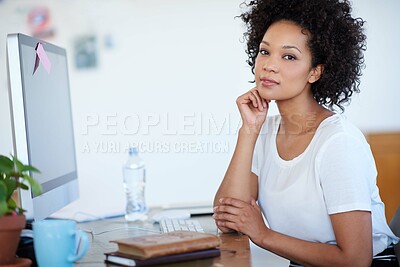 Buy stock photo Business woman, confidence and portrait at computer for creative project, planning or copywriting career. Face of a young professional editor, writer or African person on desktop at creative startup