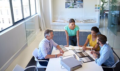 Buy stock photo Business, people and smile in boardroom on meeting for strategy and planning on project. Brainstorming, employees and happy with coworking at office as accountants with teamwork and collaboration