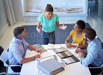 Buy stock photo Business people, presentation and speaker for collaboration, brainstorming and teamwork in office. Group, listening and communication in meeting, workshop and discussion as colleagues with diversity