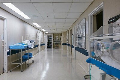 Buy stock photo Shot of an empty corridor in the neonatal unit of a hospital