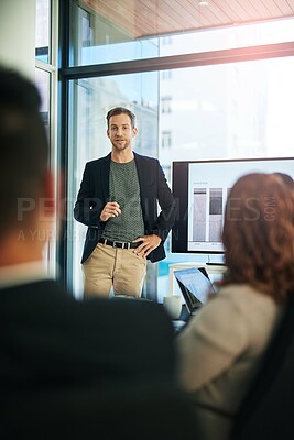 Buy stock photo Meeting, presentation and man in office with charts, graphs and stats for sales growth proposal. Ideas, development and business people in conference room with discussion, strategy and data analysis