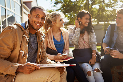 Buy stock photo Happy man, outdoor or portrait of student with book for class notes and exam study for education. University friends, school or people learning for scholarship, college test or assignment research