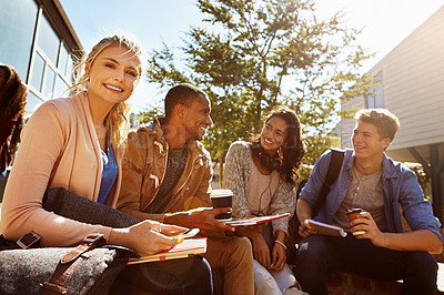 Buy stock photo Happy woman, outdoor or portrait of student with book for class notes and exam study for education. University friends, campus or people learning for scholarship, college test or assignment research