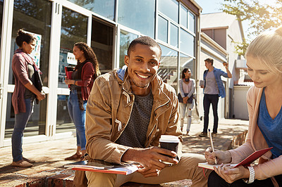 Buy stock photo Portrait, happy man or friends writing outside together for class notes, exam study or education. University test, smile or people learning for scholarship, diversity and research help for assignment