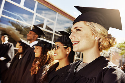 Buy stock photo Happy, students and graduation of ceremony outdoor for education diploma, achievement and milestone. Proud, people and success for university award, announcement and learning goals of academic degree