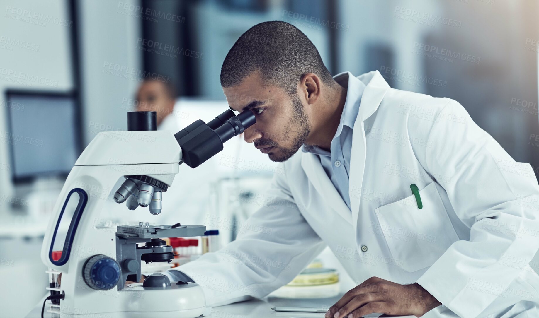 Buy stock photo Cropped shot of a young male scientist working in his lab