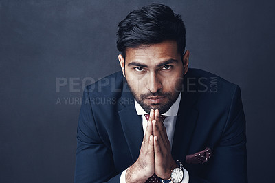 Buy stock photo Portrait, businessman and style for career with fashion, mockup space and serious on gray background. Male person, pride and elegant as entrepreneur with jacket, suit or confidence as smart or formal